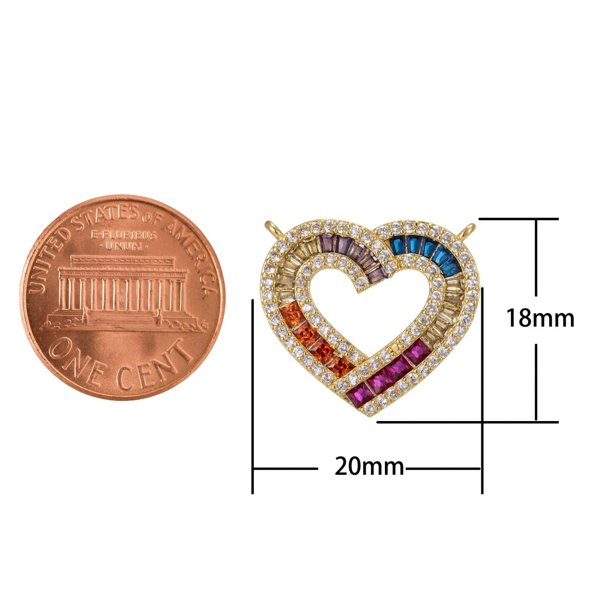Dainty Colorful Micro Pave Heart Charm, Cubic Heart Shape Charm Gold Love Charm 18x20mm Double bail Charm for Necklace Component F-311