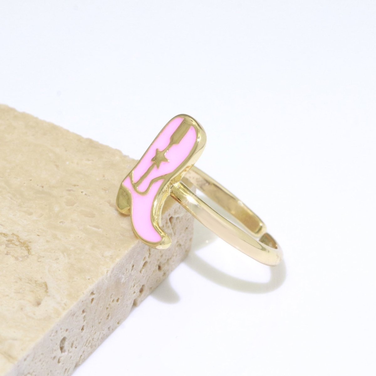 Dainty Cowboy Boots Stacking Ring, Gold Minimalist Ring Open Adjustable Ring Pink Enamel Ring Gold Filled O-540
