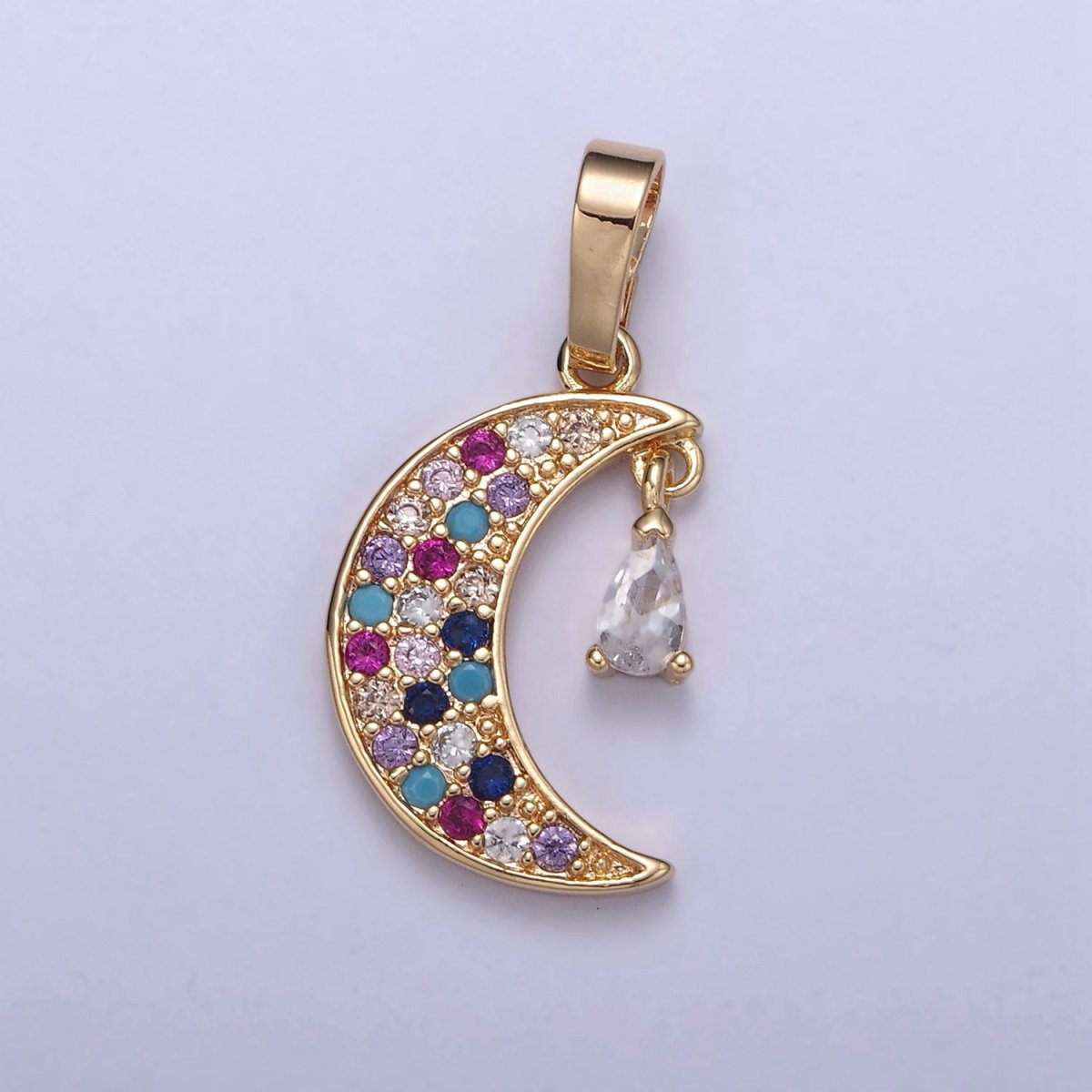 Dainty Crescent Moon Pendant with Multi Color Cz Stone for Celestial Jewelry Making H-548