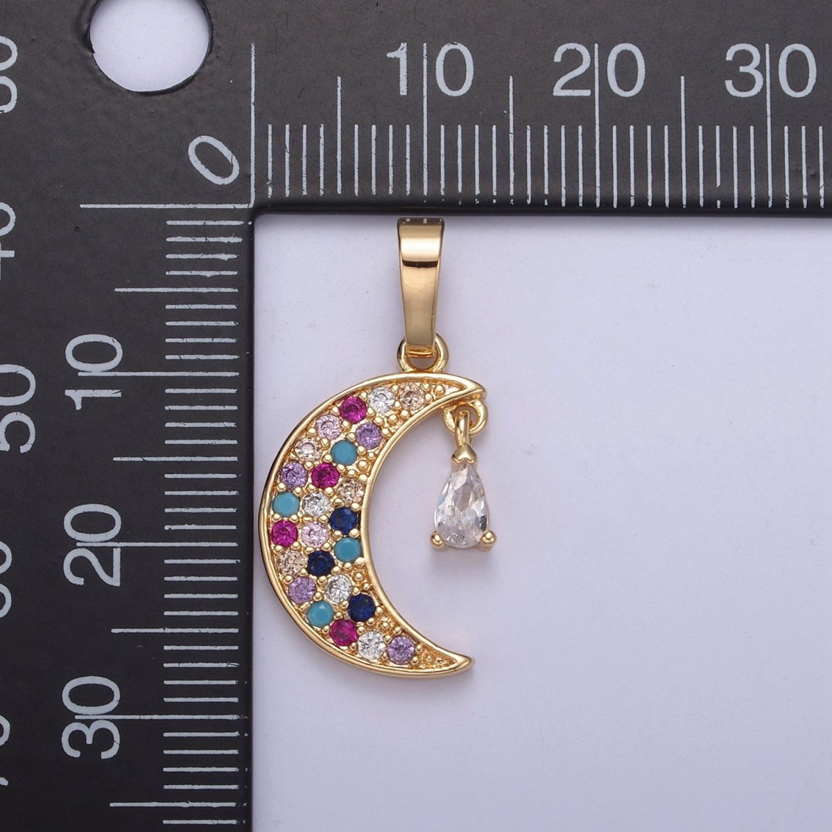 Dainty Crescent Moon Pendant with Multi Color Cz Stone for Celestial Jewelry Making H-548