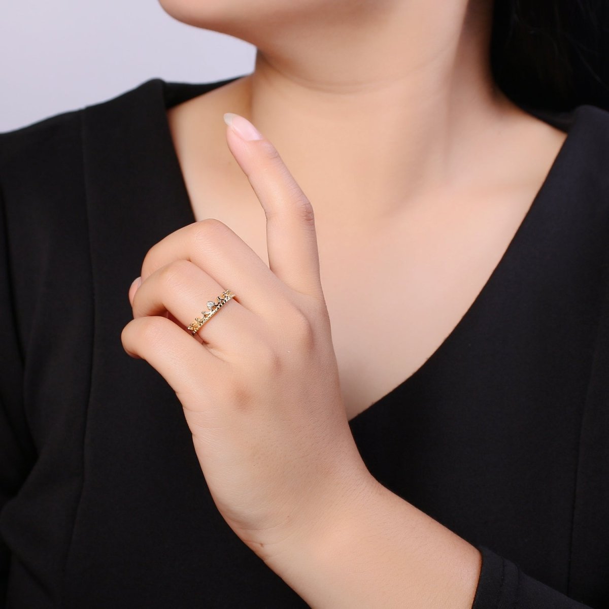 Dainty Cz Crown Ring, Stacking Rings, Thin Open Adjustable Ring O-956