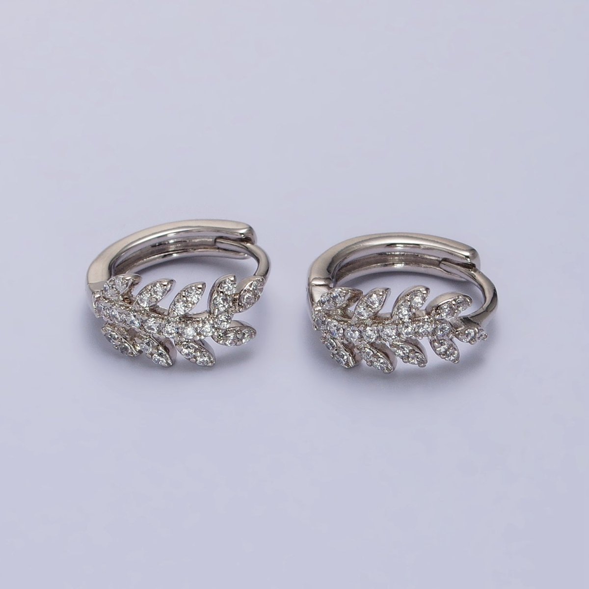Dainty CZ Leaf Hoop Earrings, Olive Leaf Huggies Silver Earring AB1055