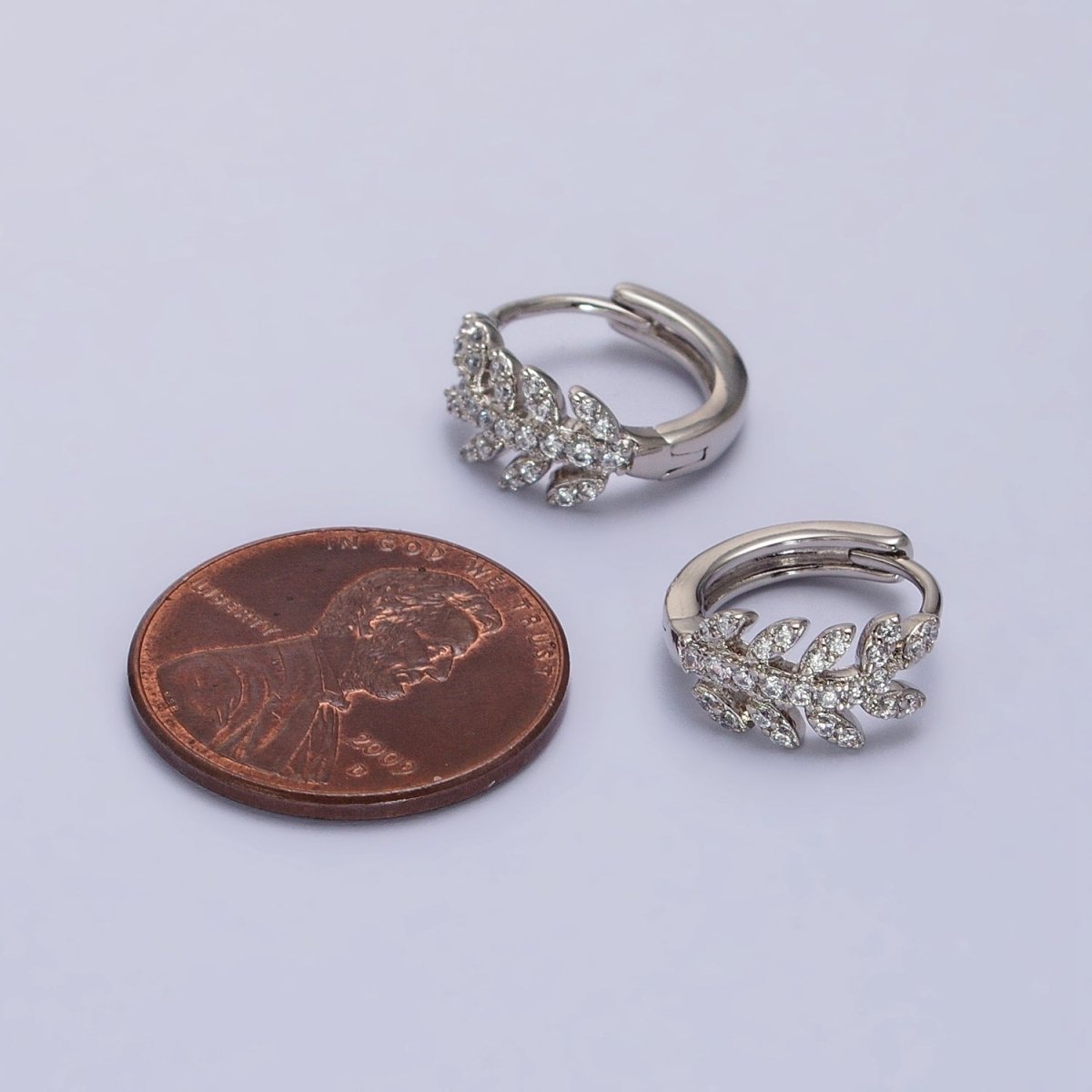 Dainty CZ Leaf Hoop Earrings, Olive Leaf Huggies Silver Earring AB1055