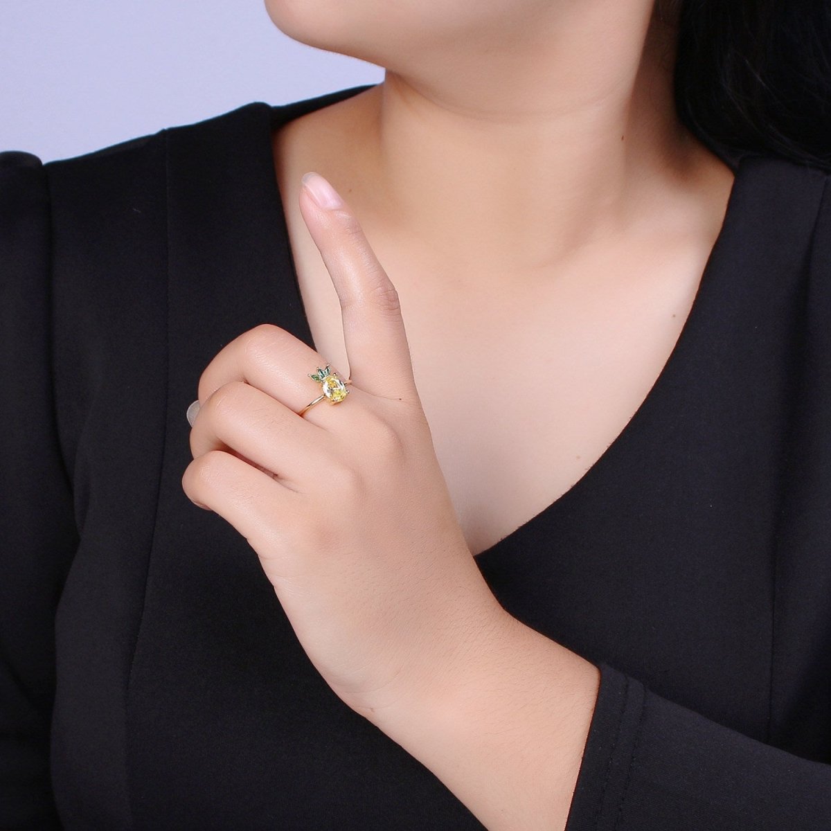 Dainty Dole Pineapple CZ Gold Band Adjustable Ring S-217