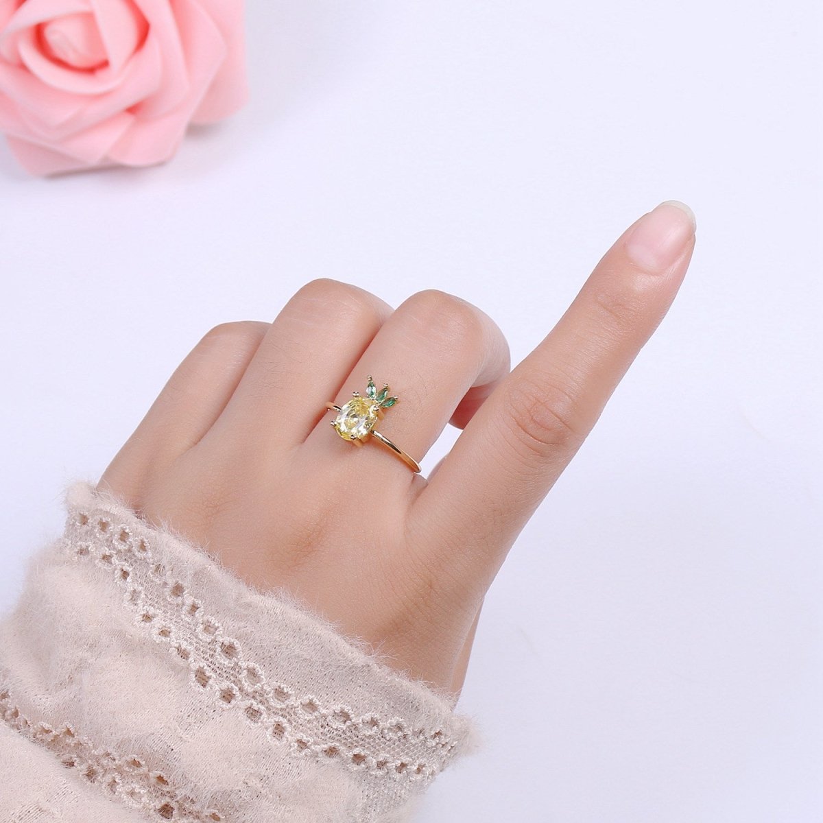 Dainty Dole Pineapple CZ Gold Band Adjustable Ring S-217