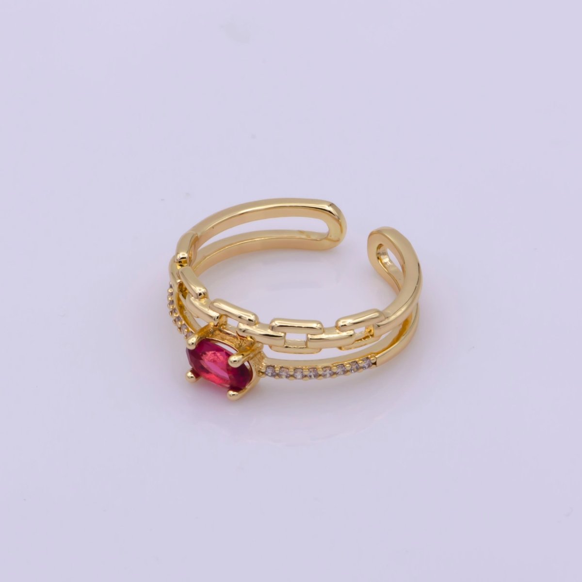 Dainty Double Band ring with Red Cz Stone Micro Pave Gold Ring Open adjustable U-015