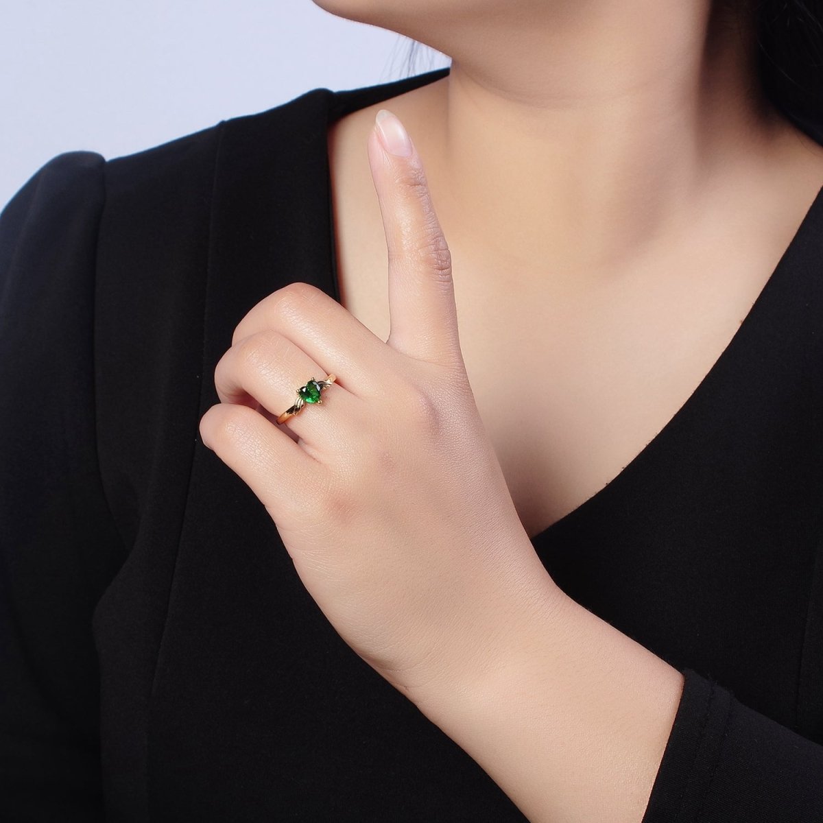 Dainty Emerald Green Heart Ring Green Cz Angel Wing Ring O-2105