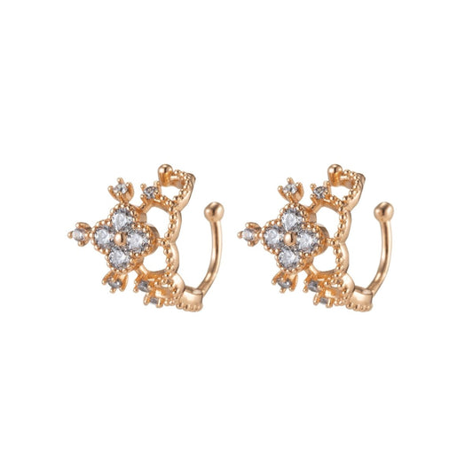 18K Gold Filled Clear CZ Flower Quatrefoil Ear Cuff Earrings | AI033