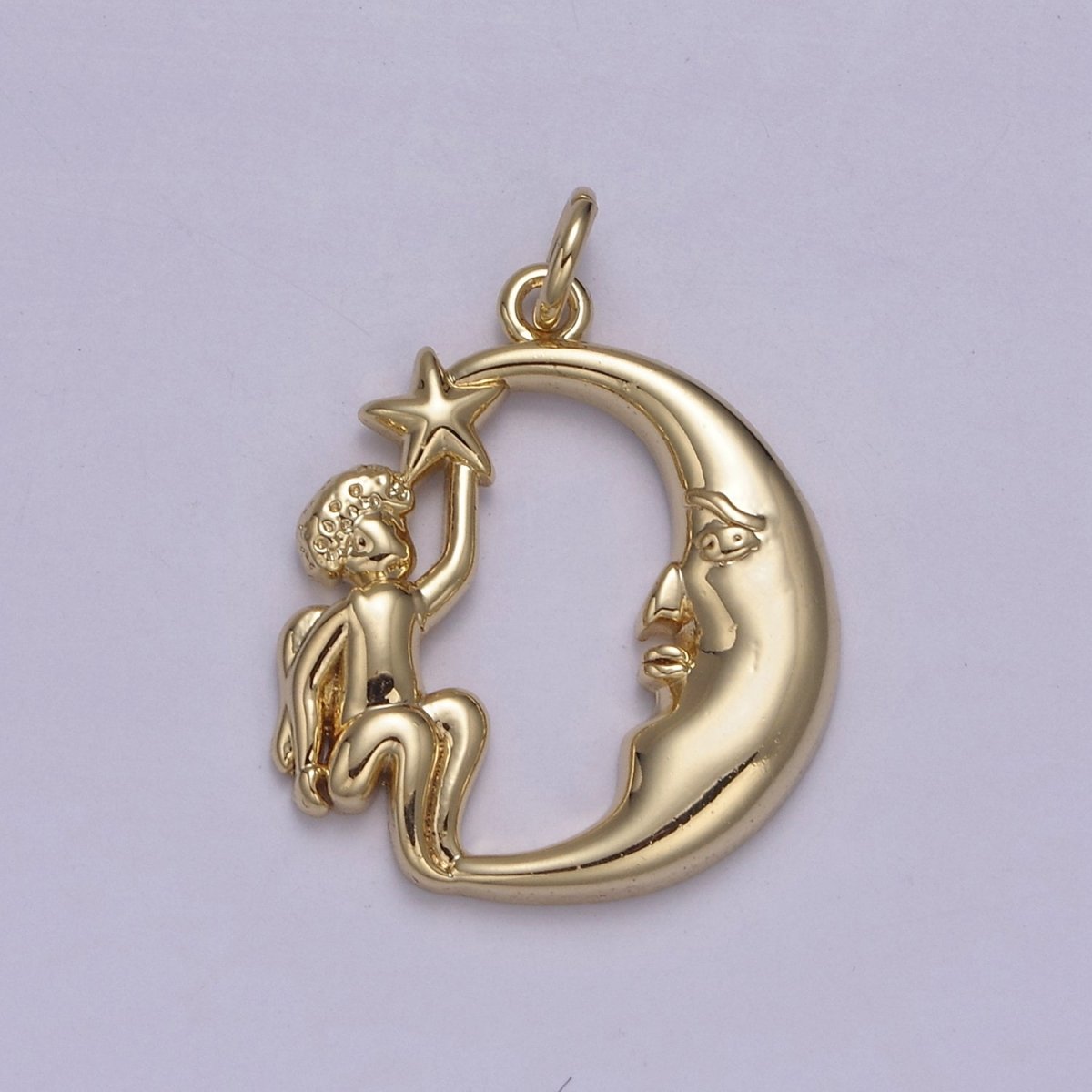 Dainty Gold Angel Holding Star with Crescent Moon N-848