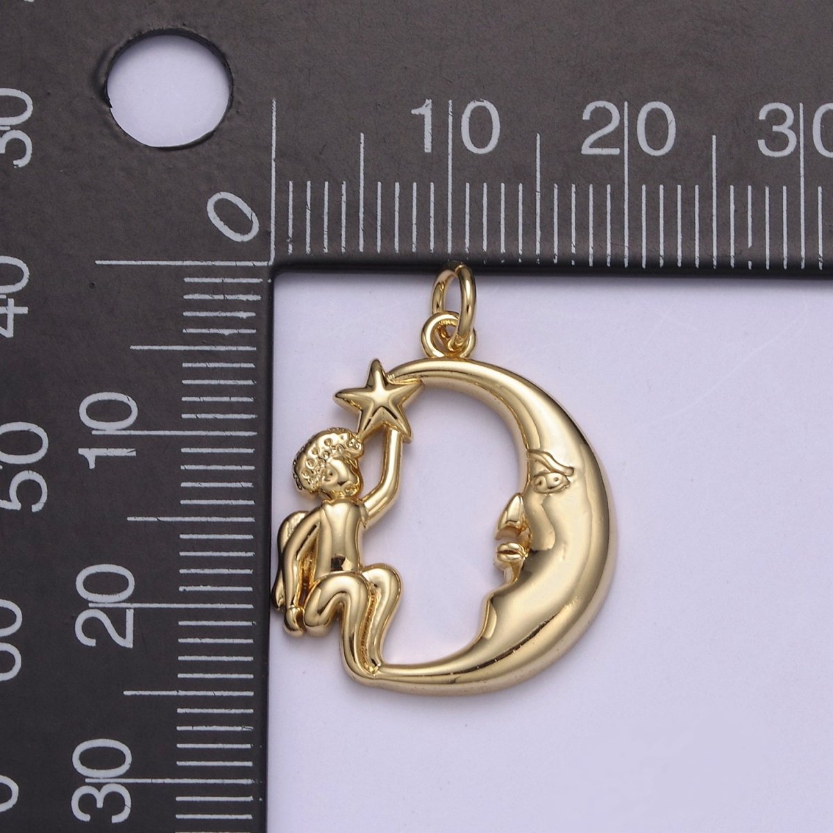 Dainty Gold Angel Holding Star with Crescent Moon N-848