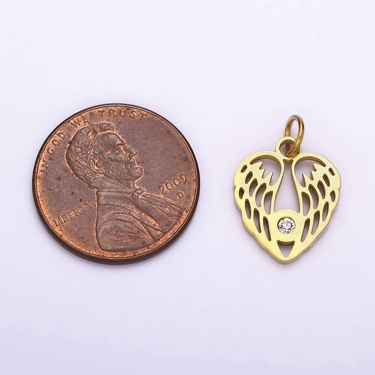 Dainty Gold Angel Wing Charm in Stainless Steel Heart Pendant P-879