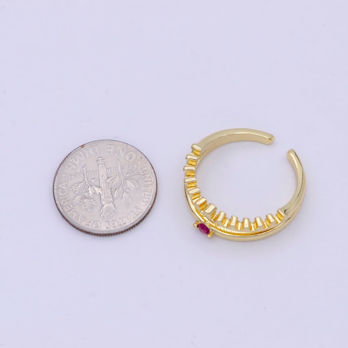 Dainty Gold Band Fuchsia Pink Cz Ring Open Adjustable Stackable Jewelry S-311