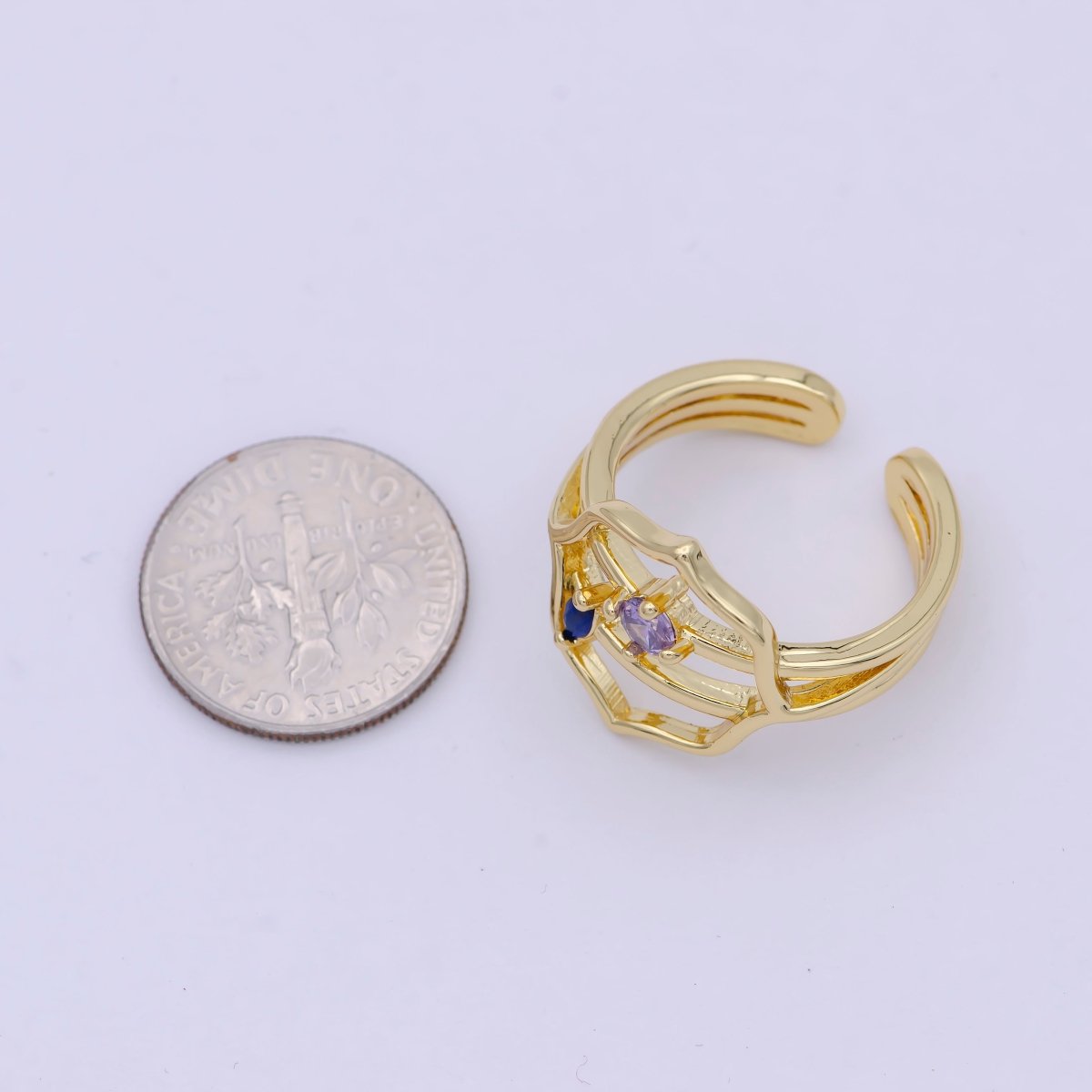 Dainty Gold Band Purple Cz Ring Open Adjustable Stackable Jewelry S-313