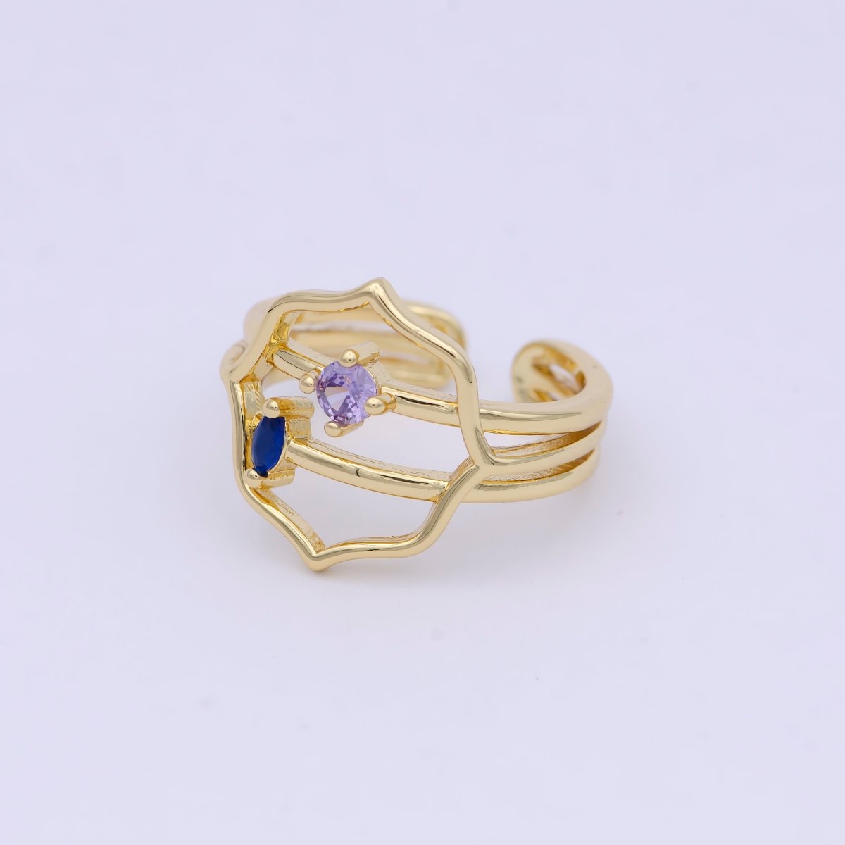 Dainty Gold Band Purple Cz Ring Open Adjustable Stackable Jewelry S-313