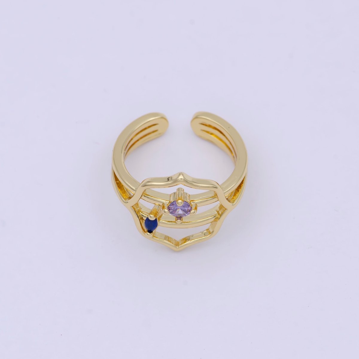 Dainty Gold Band Purple Cz Ring Open Adjustable Stackable Jewelry S-313