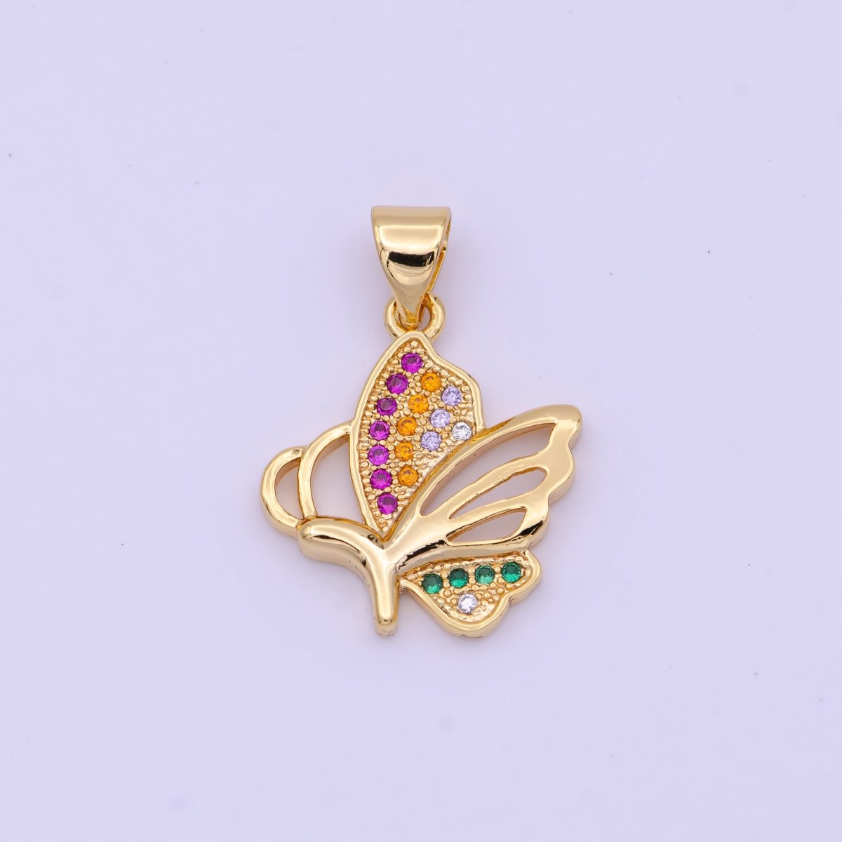 Dainty Gold Butterfly Pendant Micro Paved Multicolor CZ Mariposa Wings H-575