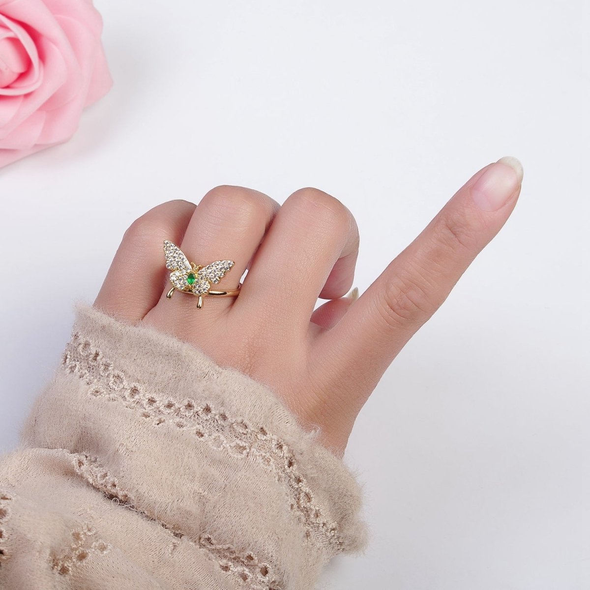 Dainty Gold Butterfly Ring Clear Cz Stone Mariposa Jewelry O-2115