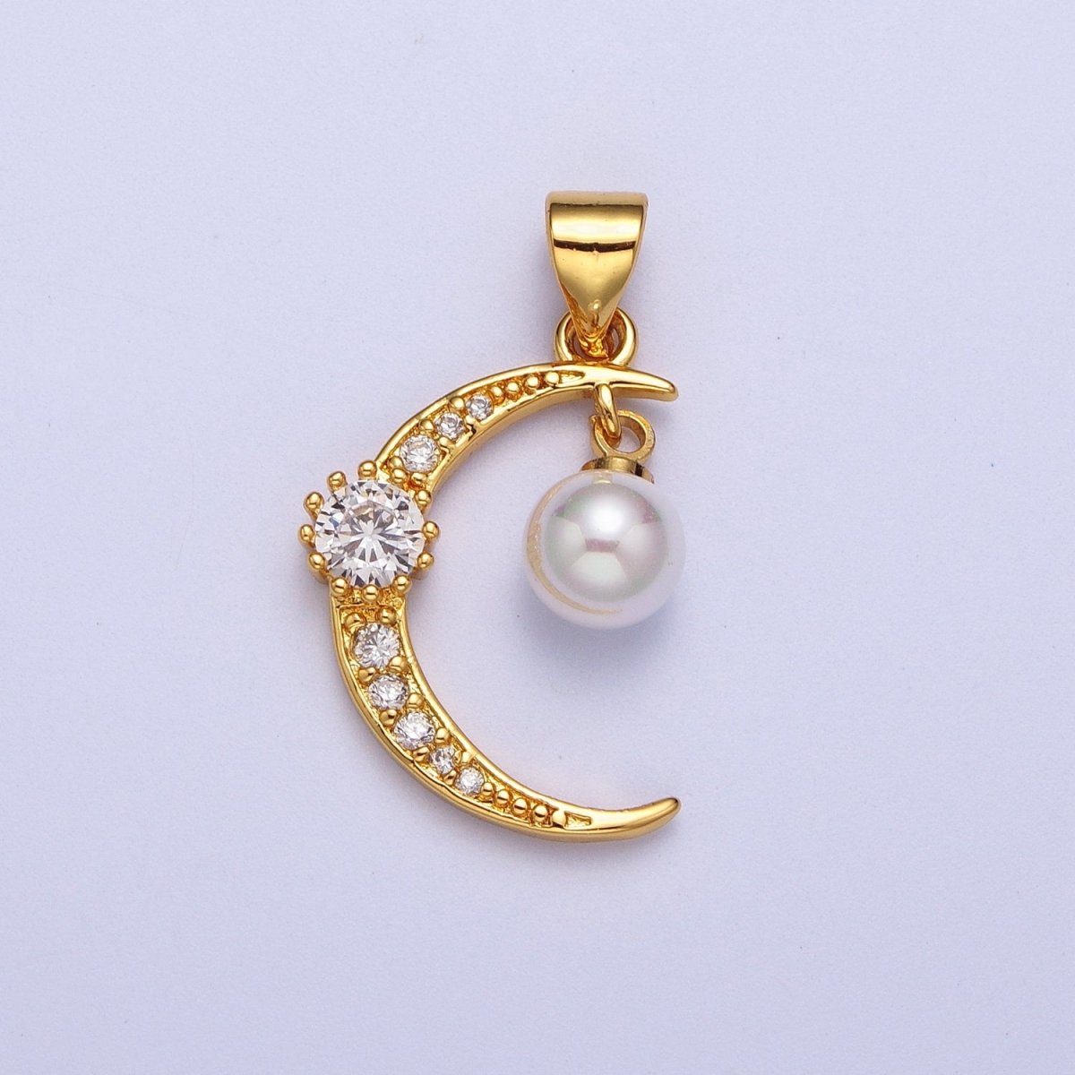 Dainty Gold Crescent Moon Charm with Pearl for Necklace Pendant X-697