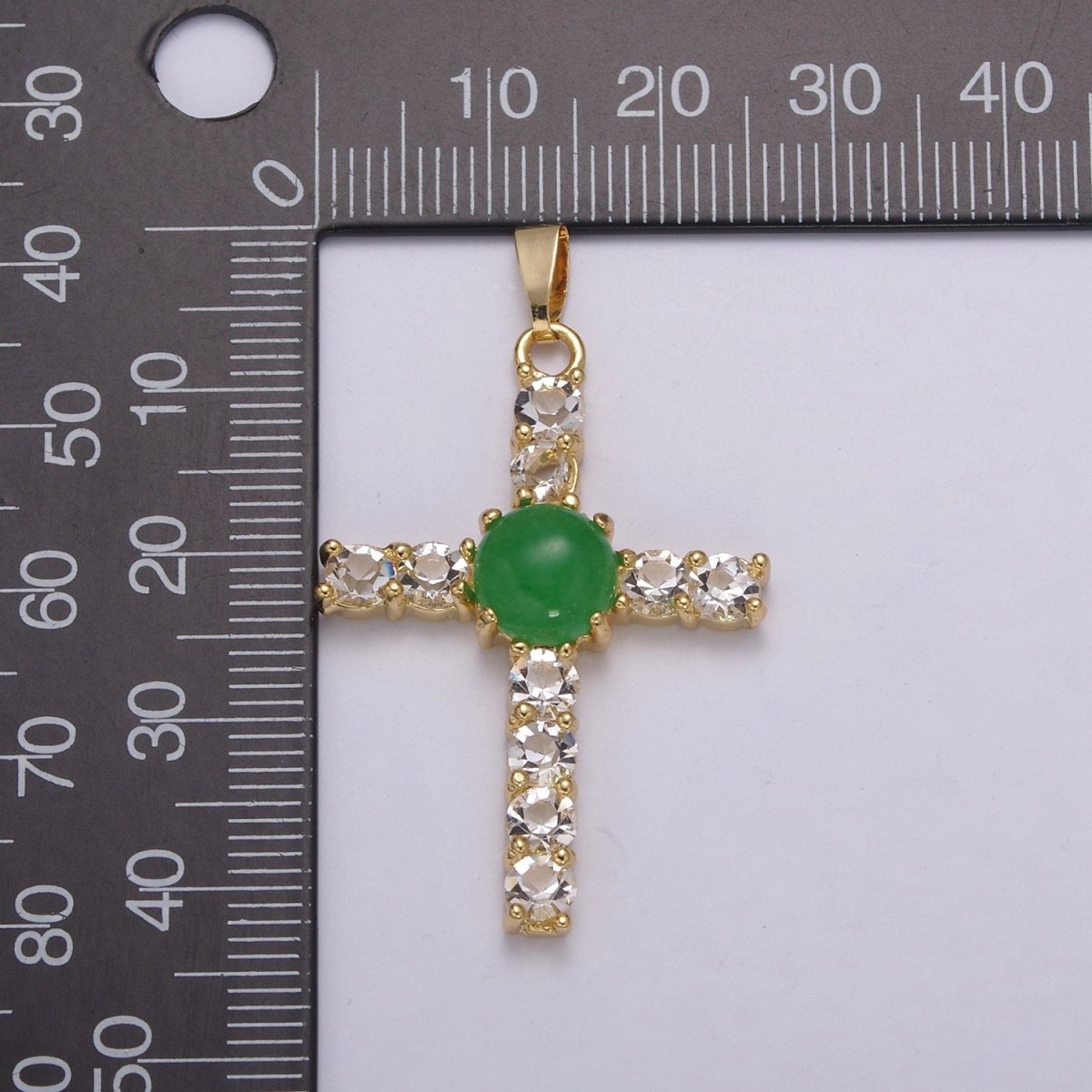 Dainty Gold Cross Pendant With Jade Beads for Necklace Earring Component Supply AH-349
