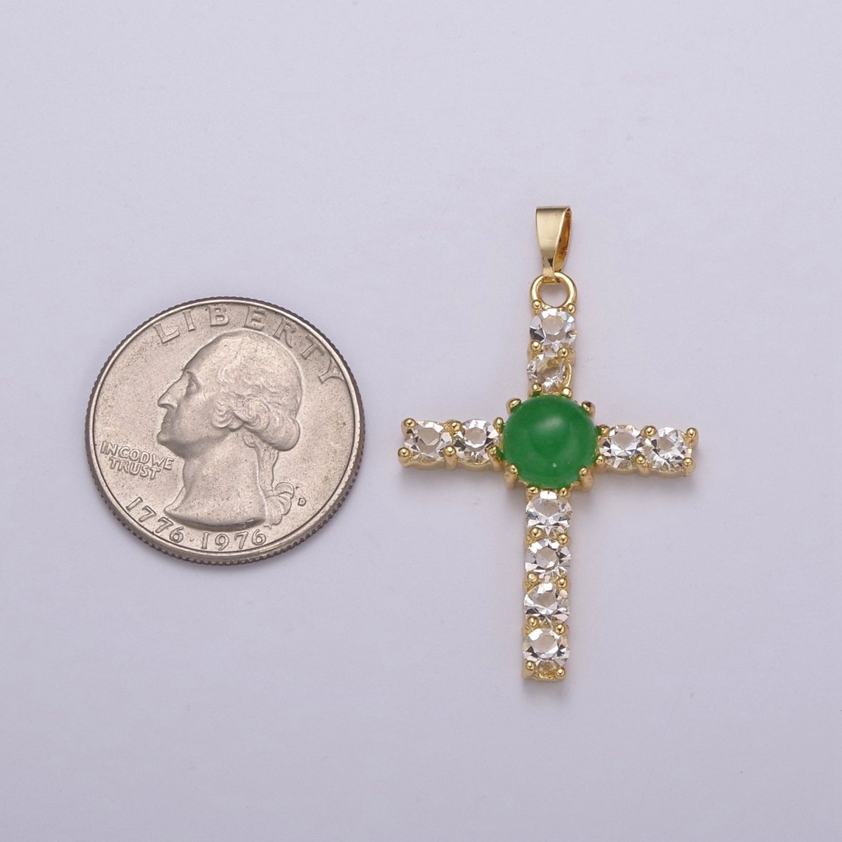 Dainty Gold Cross Pendant With Jade Beads for Necklace Earring Component Supply AH-349