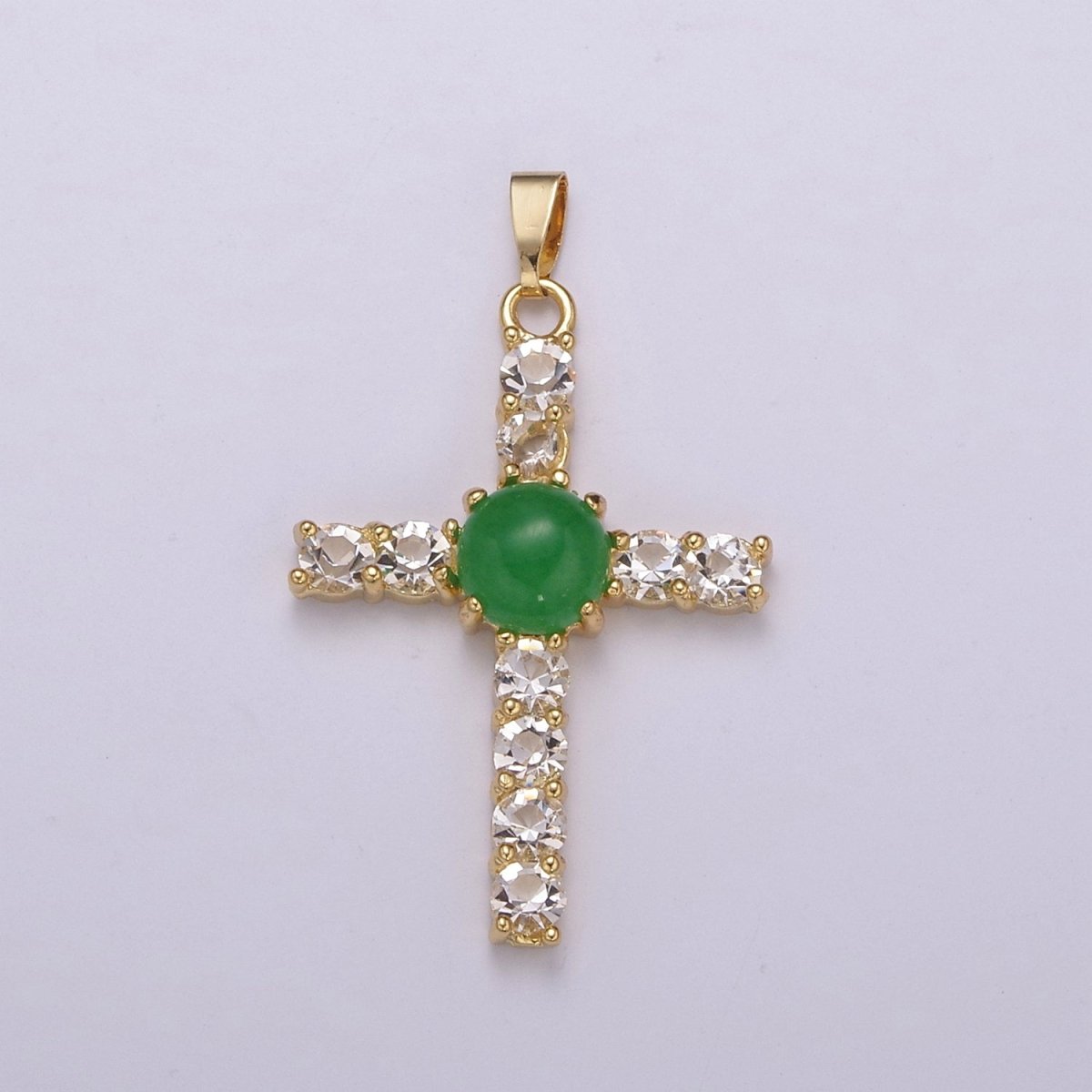 Dainty Gold Cross Pendant With Jade Beads for Necklace Earring Component Supply AH-349