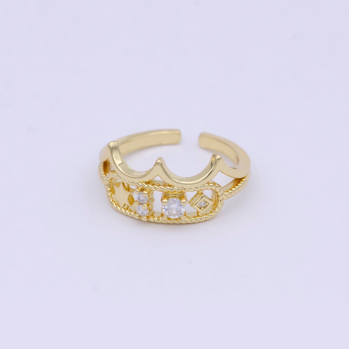 Dainty Gold Crown Ring  Clear Tiara Cz Ring Open Adjustable Stackable Jewelry S-396
