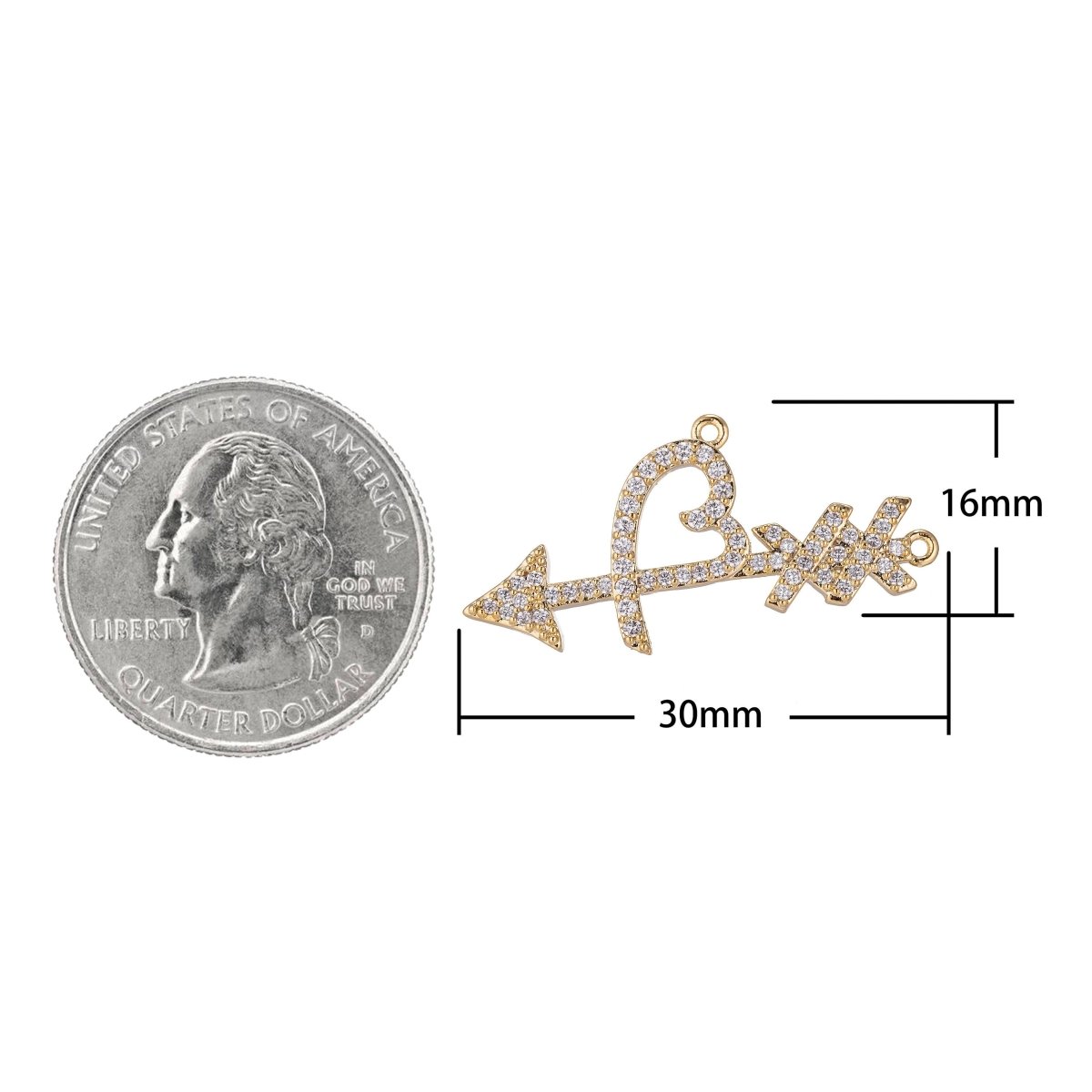 Dainty Gold Cupid Arrow Bracelet Connector, Micro Pave CZ Charm, Cute Romantic Love Lover Girlfriend DIY Necklace Pendant for Jewelry Making F-756