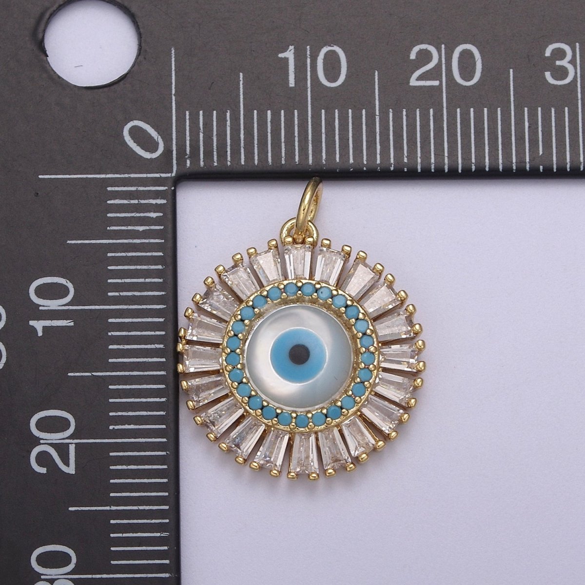 Dainty Gold Filled Baguette CZ Evil Eye Charm Necklace | CZ Round Pendant Amulet Protection Jewelry N-827