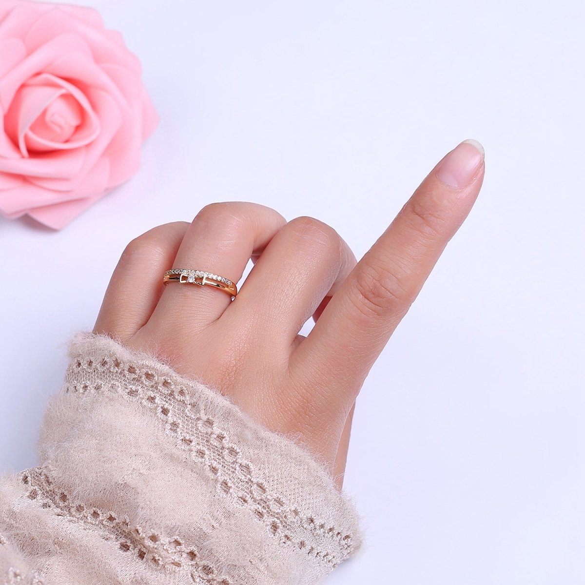Dainty Gold Filled Bow CZ Ring Open Adjustable Ring S-514