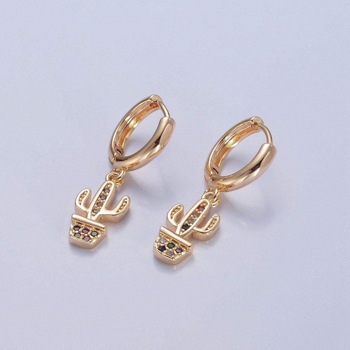 Dainty Gold Filled Huggie Earring with Cactus Charm V-438
