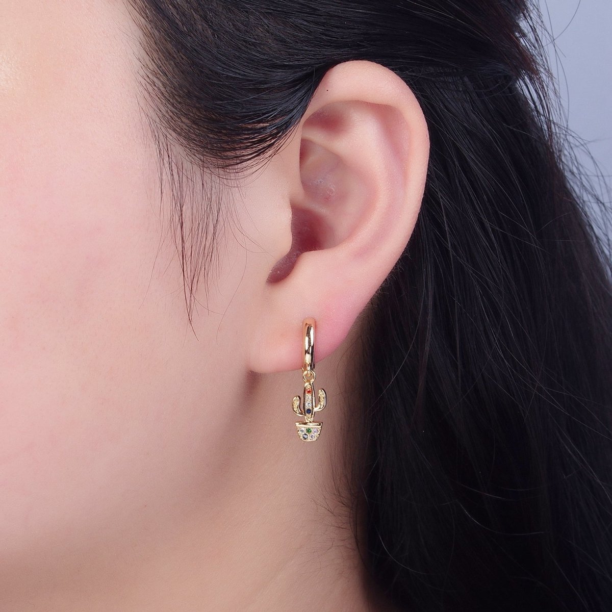 Dainty Gold Filled Huggie Earring with Cactus Charm V-438