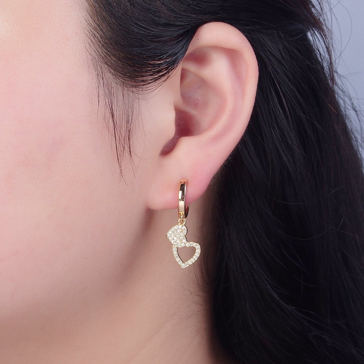 Dainty Gold Filled Huggie Earring with Two Heart Charm V-439