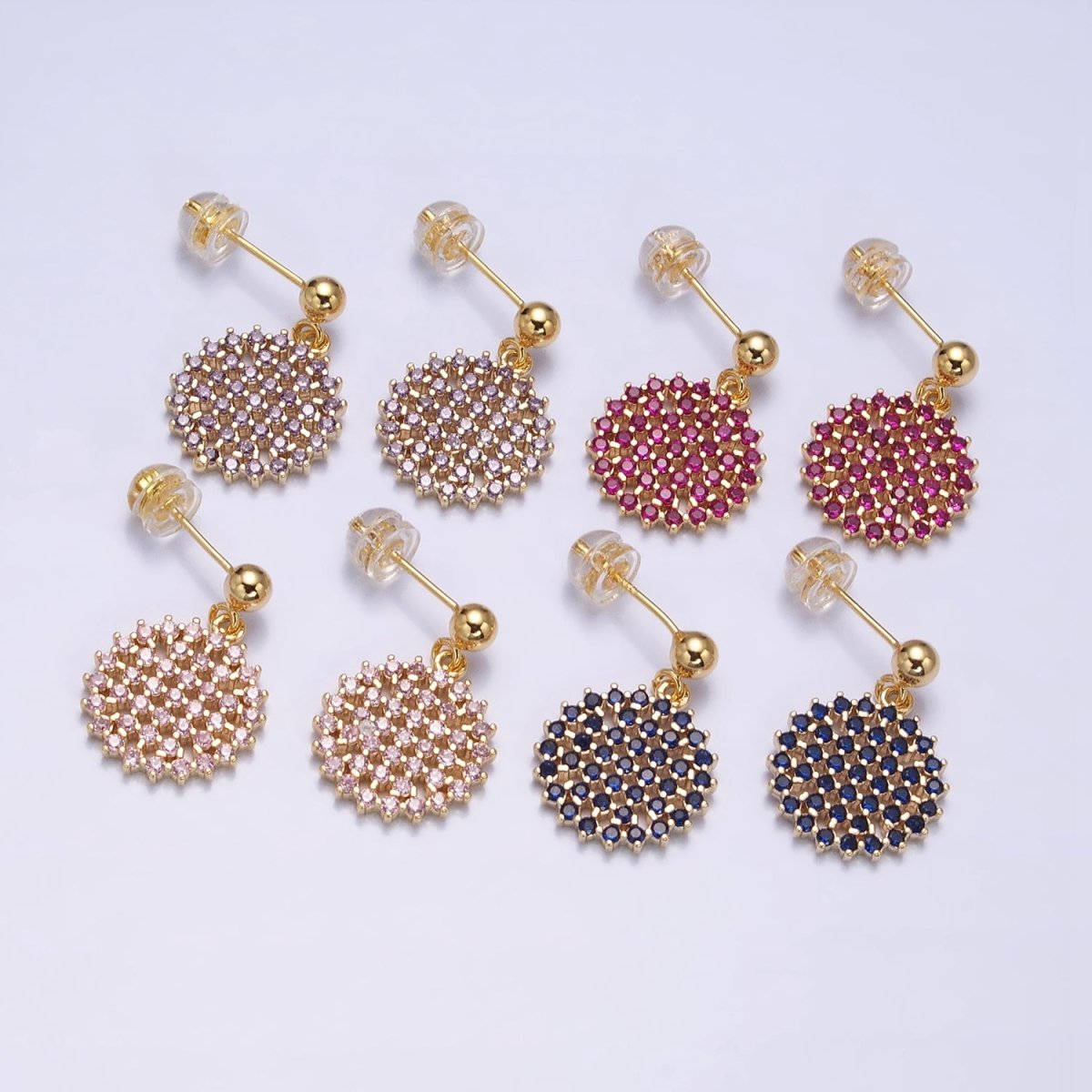 Dainty Gold Filled Stud Earring with Round Circle CZ Charm Dangle Charm Multi Color CZ Stone AD1516 - AD1519