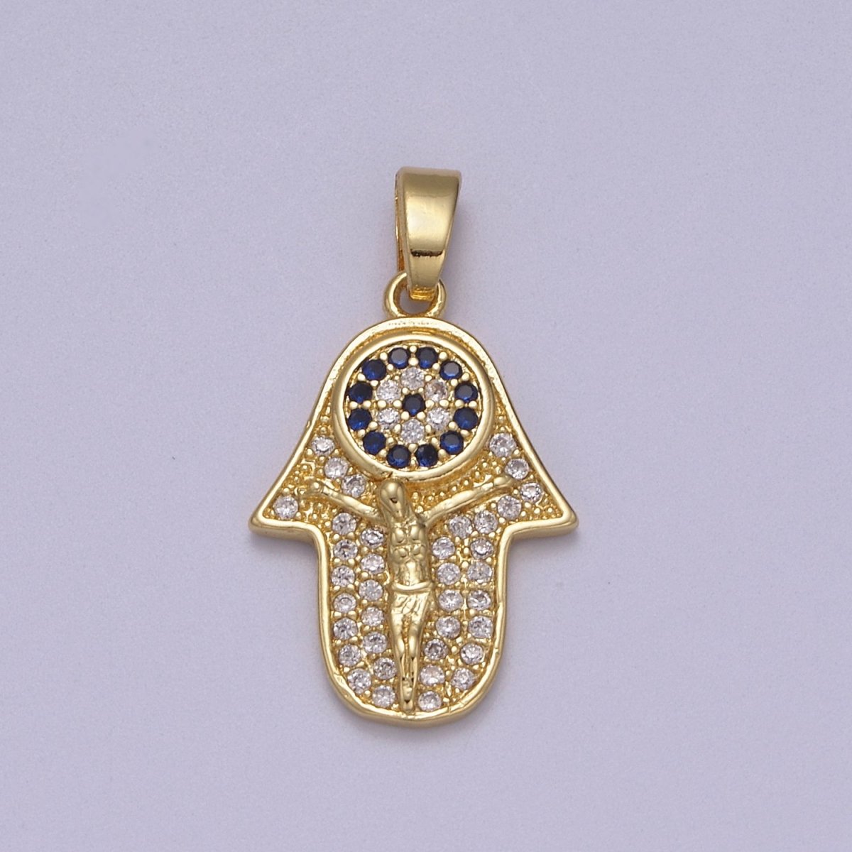 Dainty Gold Hamsa Hand Charm with Crucifix Jesus Pendant N-596