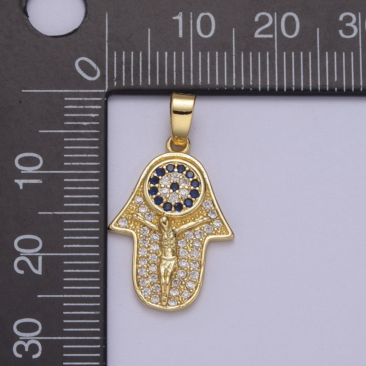 Dainty Gold Hamsa Hand Charm with Crucifix Jesus Pendant N-596