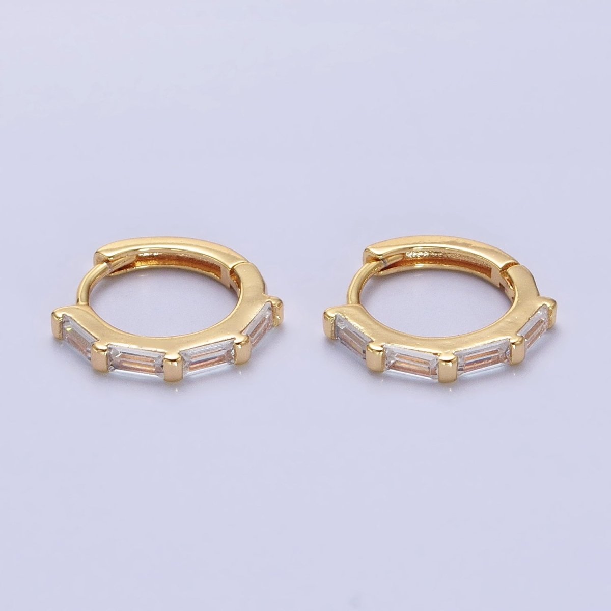 Dainty Gold Huggie Earring with Clear Baguette CZ Stone Lever Back Earing AB664