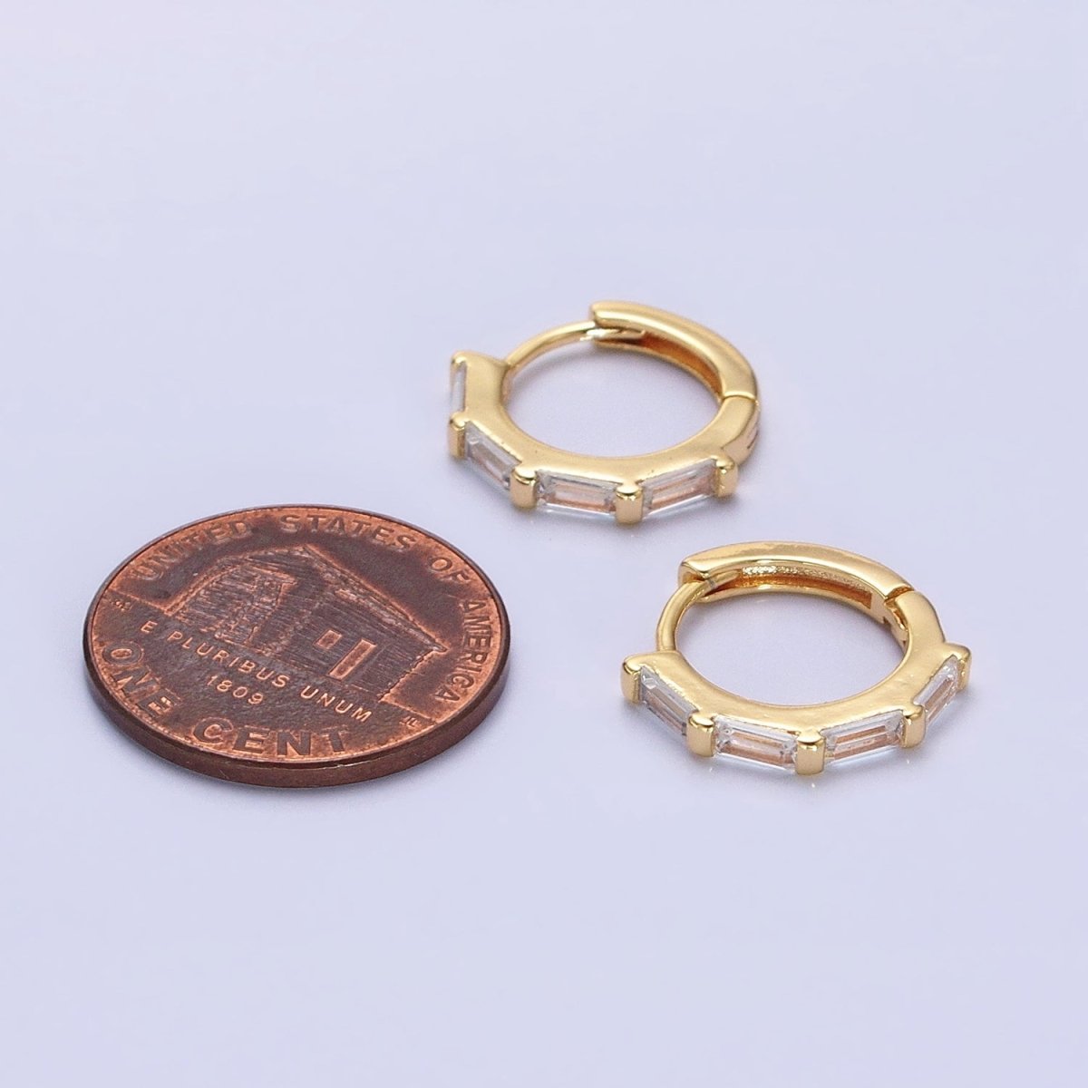 Dainty Gold Huggie Earring with Clear Baguette CZ Stone Lever Back Earing AB664