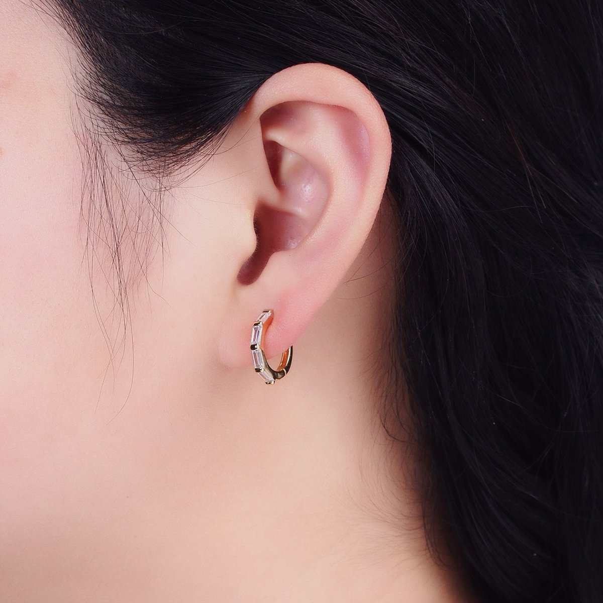 Dainty Gold Huggie Earring with Clear Baguette CZ Stone Lever Back Earing AB664