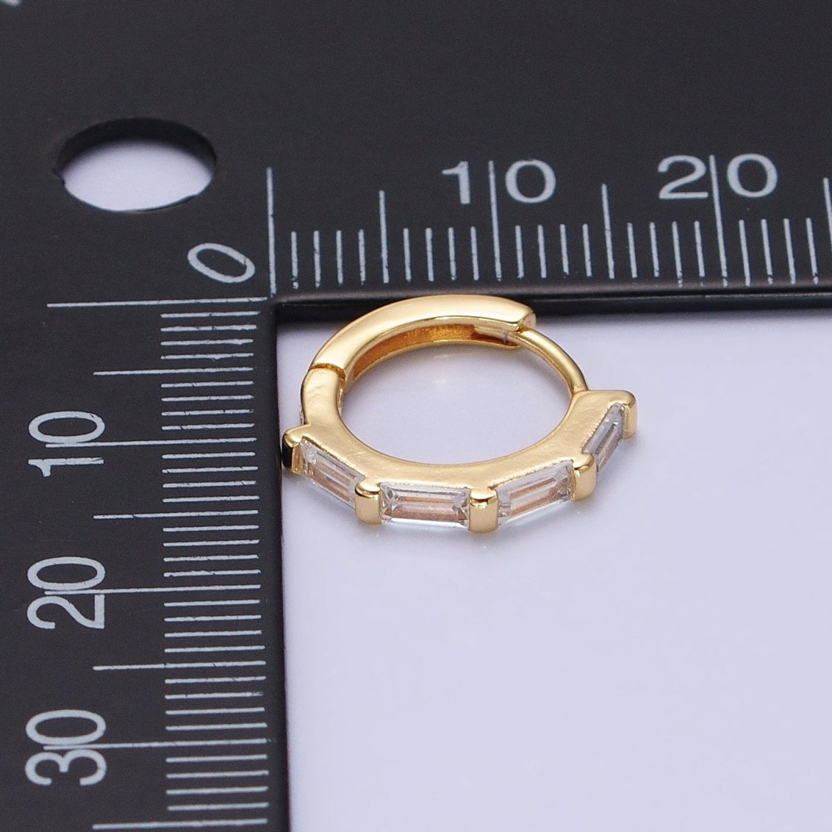 Dainty Gold Huggie Earring with Clear Baguette CZ Stone Lever Back Earing AB664