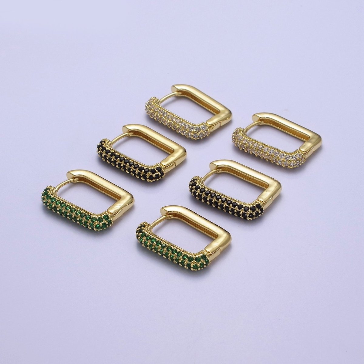 Dainty Gold Huggie Earrings, Rectangle CZ Hoop EarringsV-361