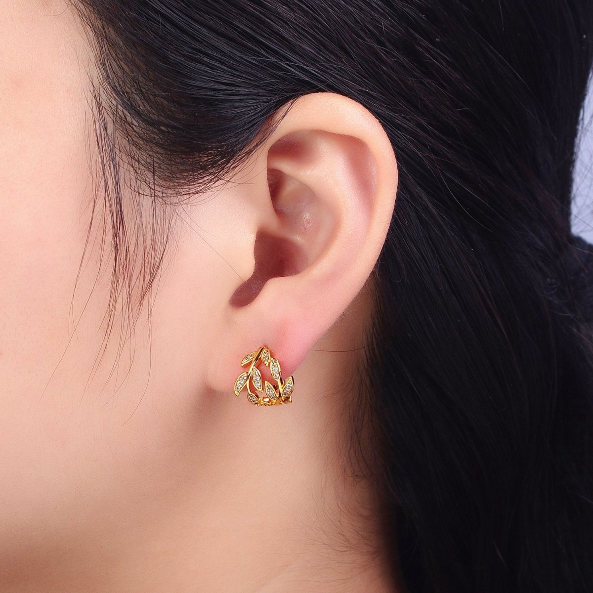 Dainty Gold Laurel Leaves Hoop Earrings CZ Olive Leaf Huggie Earrings Modern Earrings | AB126