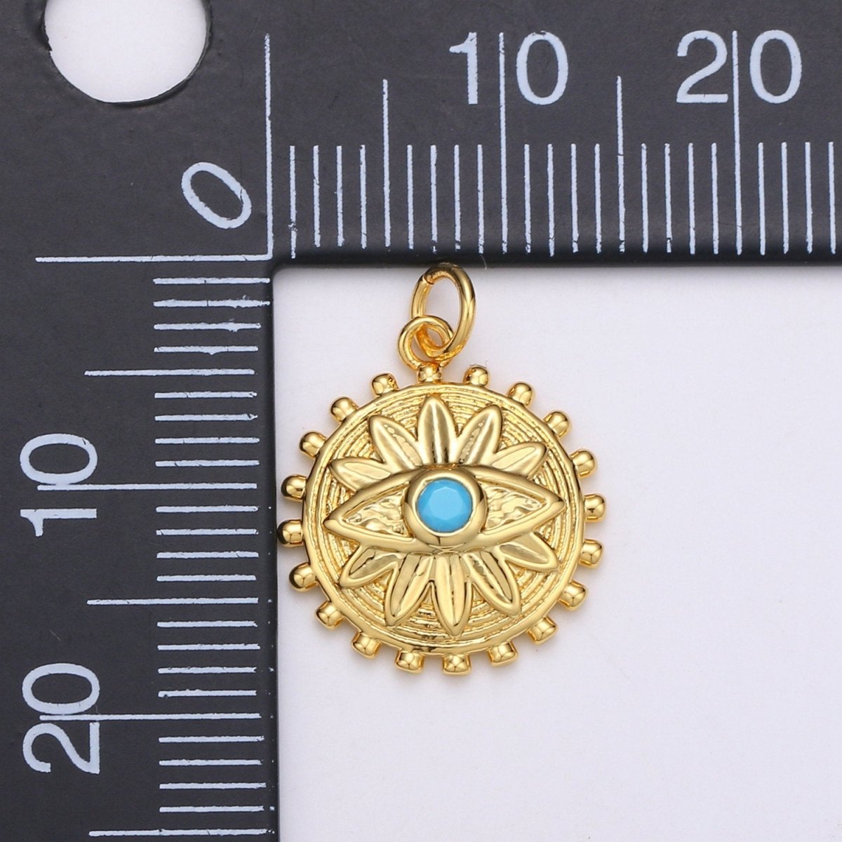 Dainty Gold Medallion Charm 14k Gold Filled Evil Eye Charm, Cubic Zirconia Amulet Charm, Turquoise Jewelry, Micro Pave Lotus Bohemian D-724