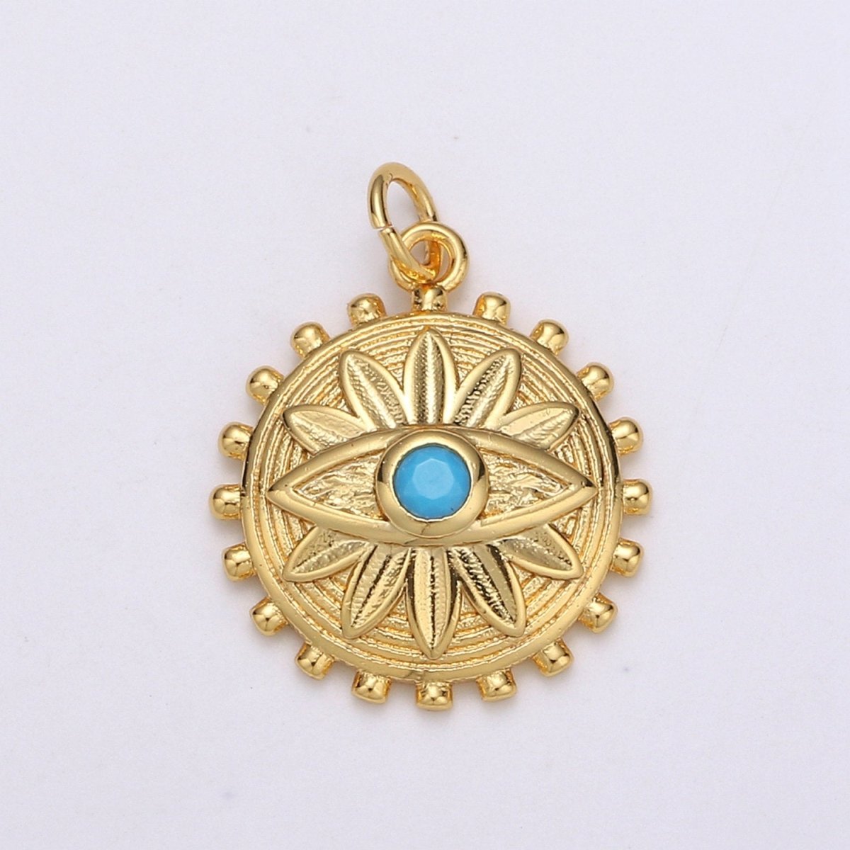 Dainty Gold Medallion Charm 14k Gold Filled Evil Eye Charm, Cubic Zirconia Amulet Charm, Turquoise Jewelry, Micro Pave Lotus Bohemian D-724