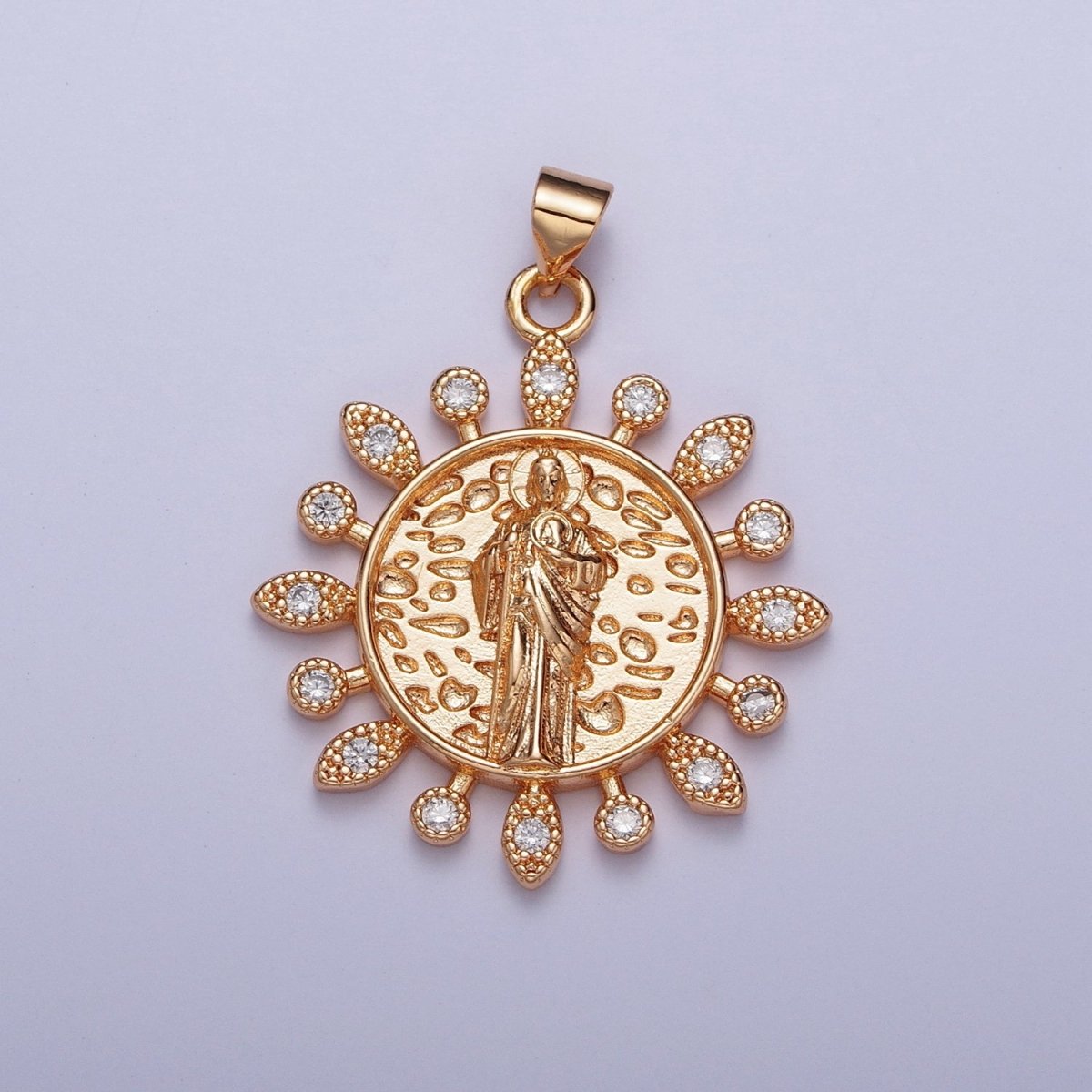 Dainty Gold Micro Paved CZ Saint Jude Pendant Sun Medallion Pendant San Judas Charm For DIY Religious Jewelry Making  H-191