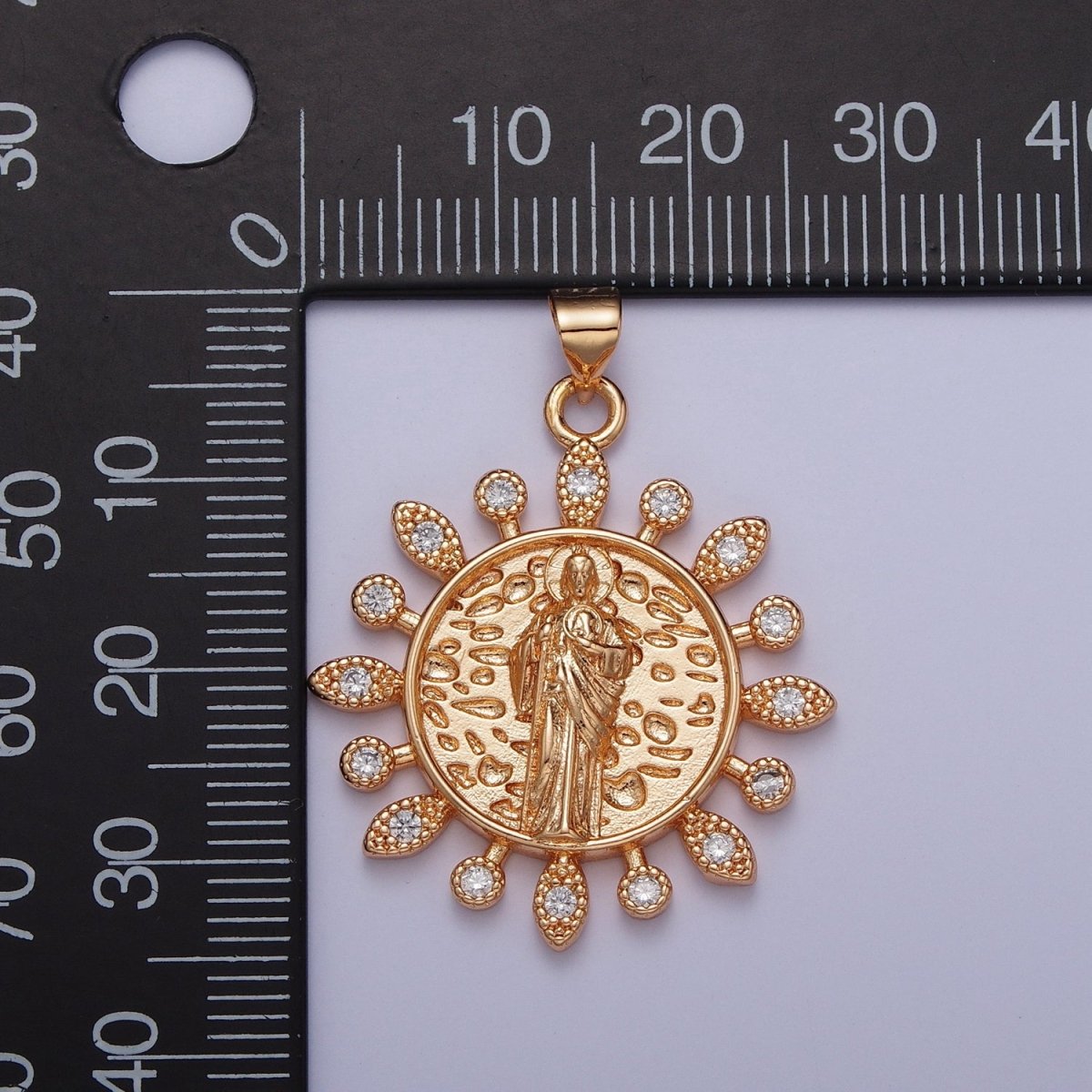 Dainty Gold Micro Paved CZ Saint Jude Pendant Sun Medallion Pendant San Judas Charm For DIY Religious Jewelry Making  H-191