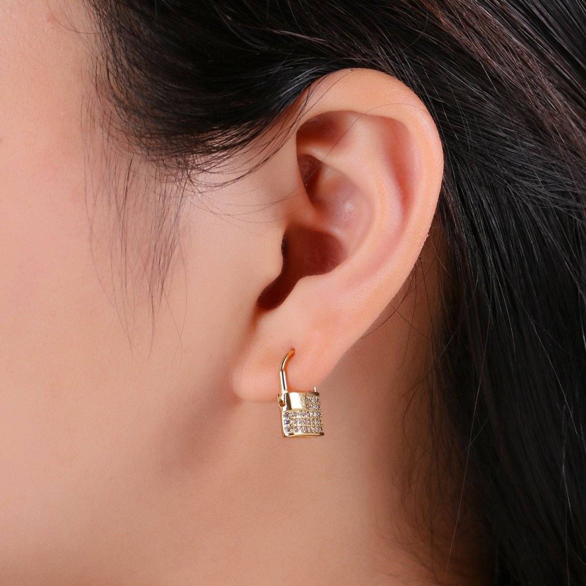 Dainty Gold padlock Earrings, CZ Hopp Earrings, Gold Hoop Lock Earrings, Micro Pave gold lock Huggie, Love Jewelry for gift idea Q-153