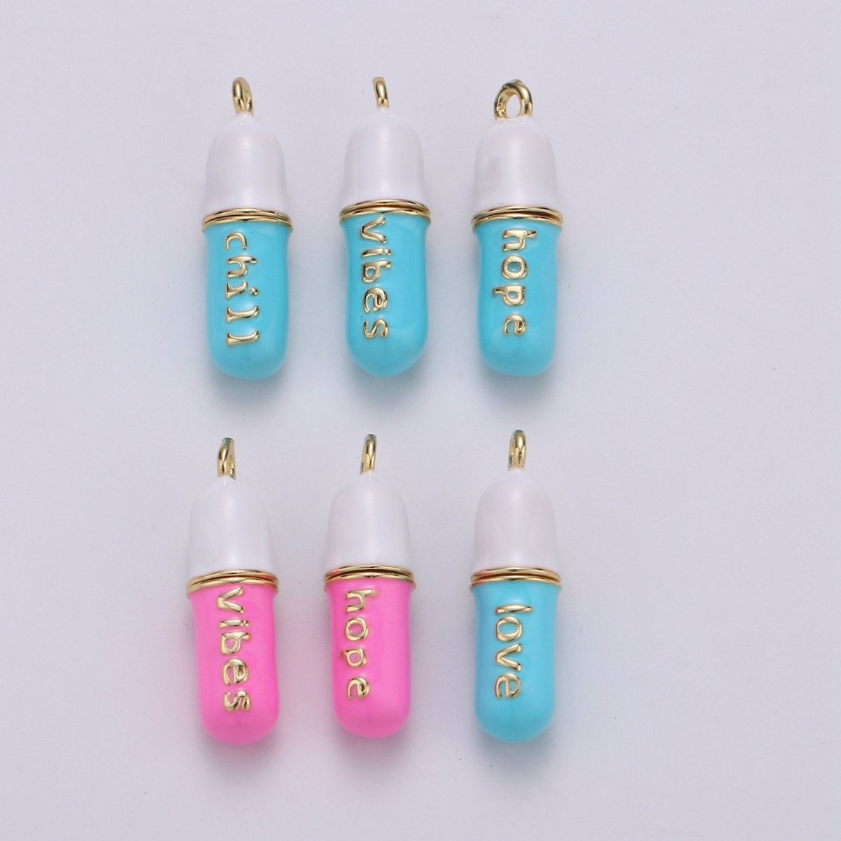 Dainty Gold Pill Bar Pendant Enamel Teal Vibes Chill Charm 24k Gold Filed Pendant for Bracelet Necklace Earring Component Supply 29x8mm D-883-D-887 D-313 D-314