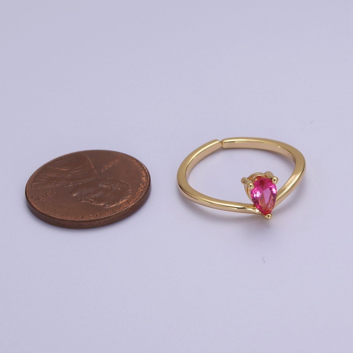 Dainty Gold Pink Tear Drop CZ Ring Open Adjustable S-509