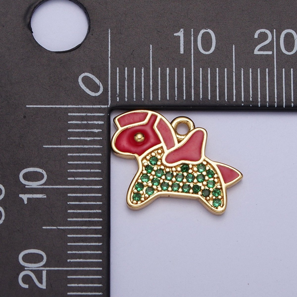 Dainty Gold Pony Pegasus Charm, Red Enamel & Green Micro Paved Cubic Zirconia Animal Pendant AG-119