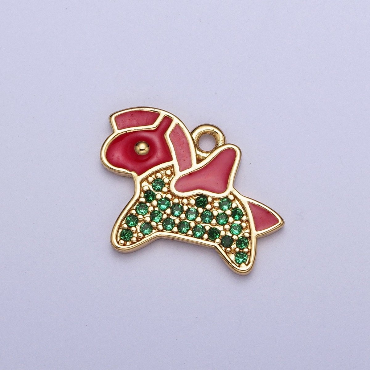 Dainty Gold Pony Pegasus Charm, Red Enamel & Green Micro Paved Cubic Zirconia Animal Pendant AG-119